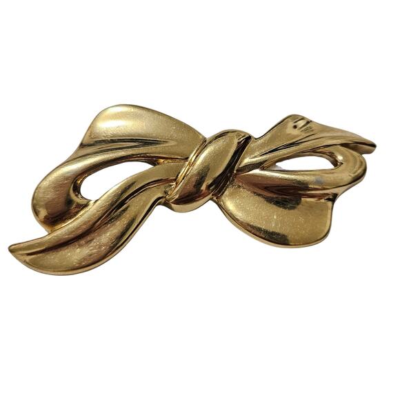 Napier Signed Polished Gold Tone Retro Bow Ribbon Brooch Safety Latch Vintage - Picture 1 of 6